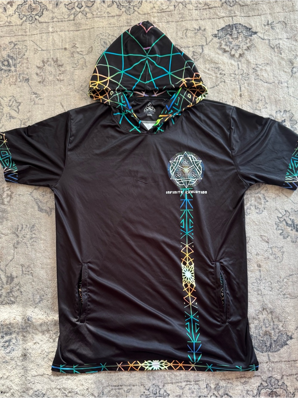 Men’s Black Hooded Performance Shirt with Teal & Yellow Geometric Accents